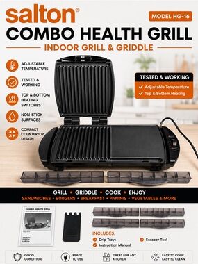 Salton HG-16 Combo Health Grill & Griddle Indoor Electric Grill Nonstick Tested